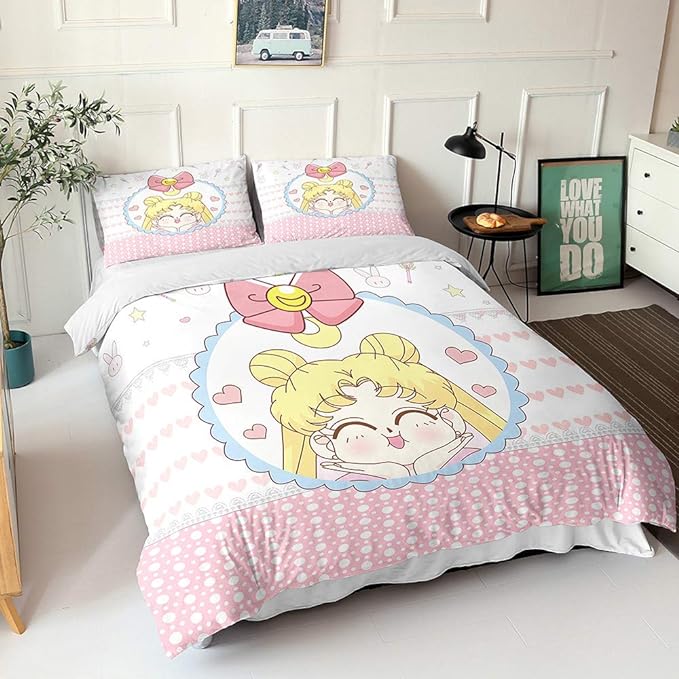 Sailor Moon Bedding Set Cute Sailor Moon Ribbon And Heart Duvet Covers White Pink Unique Gift