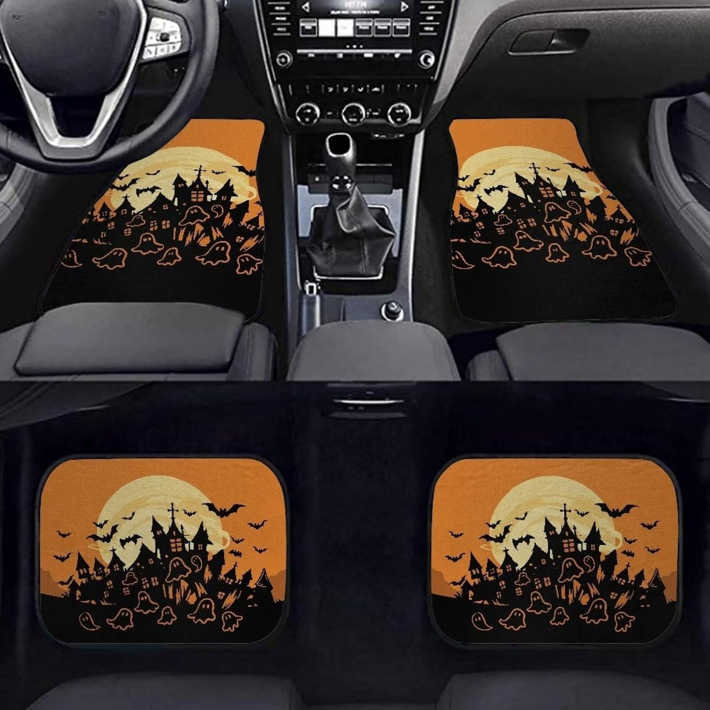 Halloween Car Mats Halloween Castle Bat Ghost Pattern Car Floor Mats Black Orange