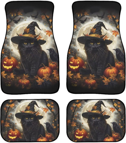 Halloween Car Mats Halloween Witch Cat With Pumpkin Car Floor Mats Black Orange