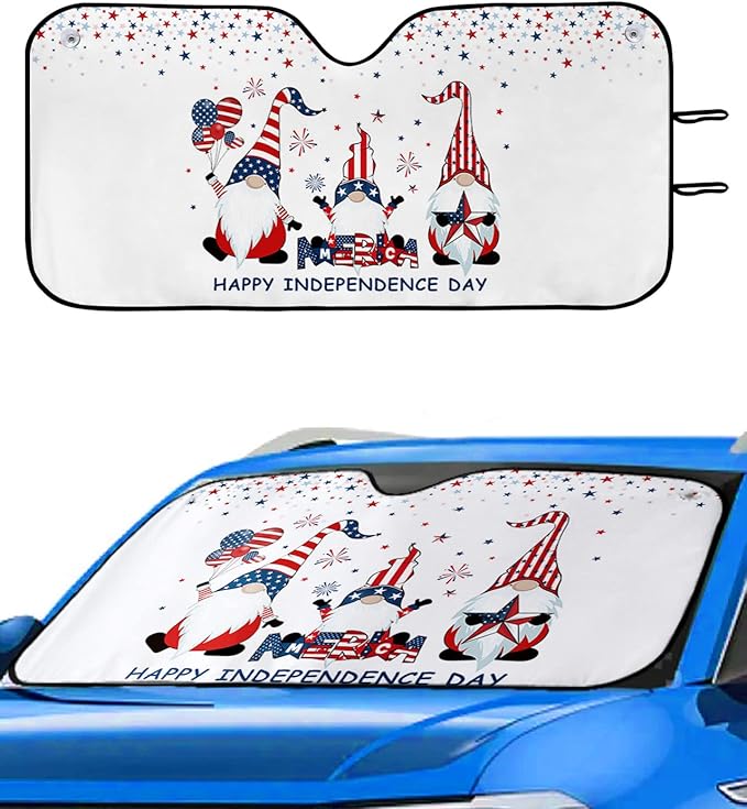 4th Of July Car Sun Shade Gnomes Happy Independence Day Winshield Sun Shade White