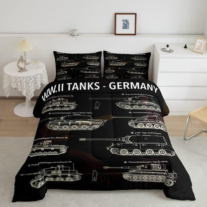 Veteran Bedding Set Army Germany Tanks Sketch Pattern Duvet Covers Black Unique Gift