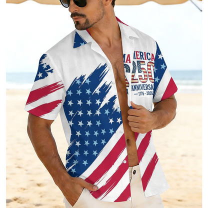 Men’s U.S. 250th Anniversary Hawaiian Shirt, Patriotic American Flag Button Down, 1776 2026 Independence Day Outfit