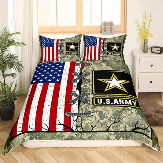 Veteran Bedding Set US Army American Flag Camoflage Pattern Duvet Covers Green Unique Gift