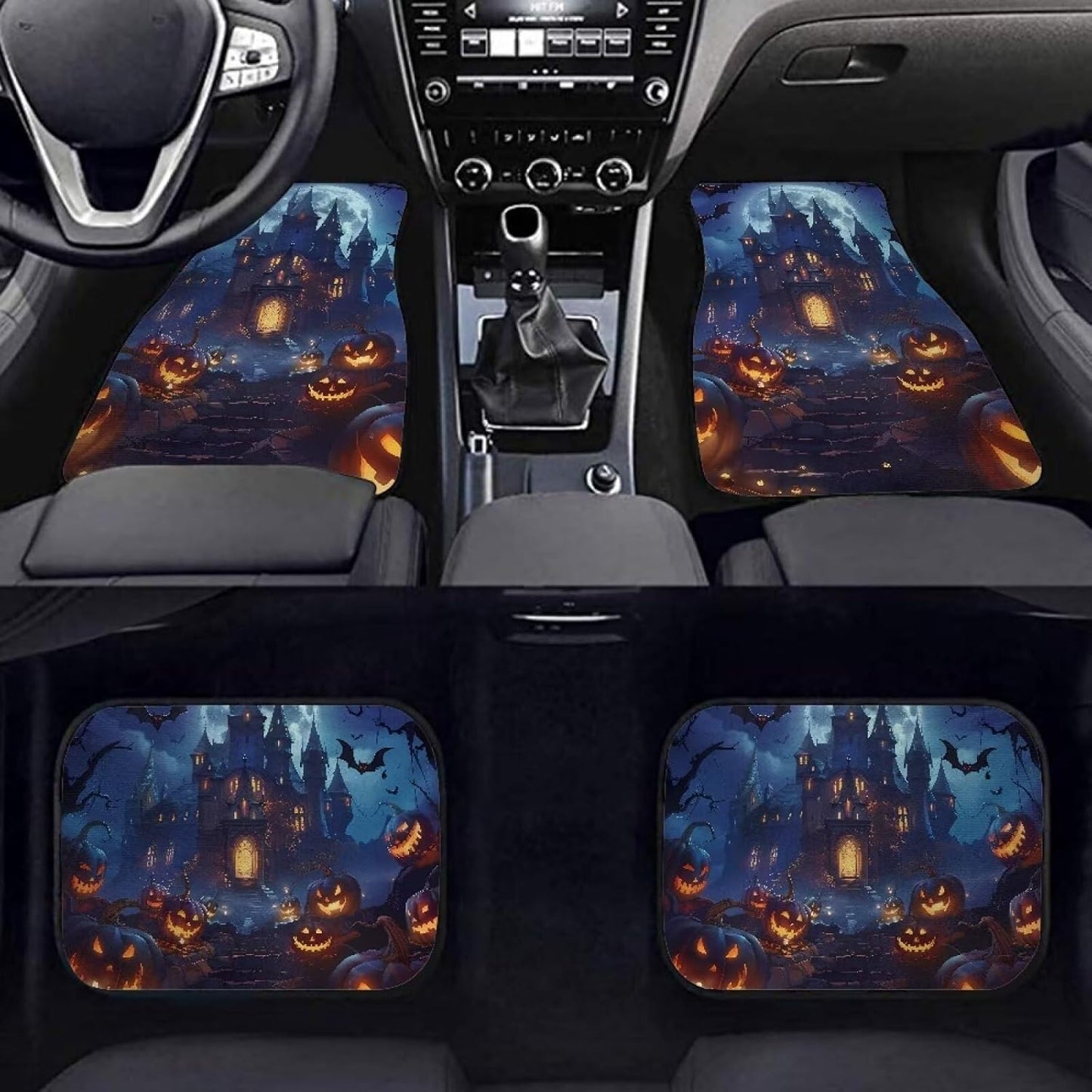 Halloween Car Mats Halloween Haunted Castle Pumpkin Pattern Car Floor Mats Black Orange