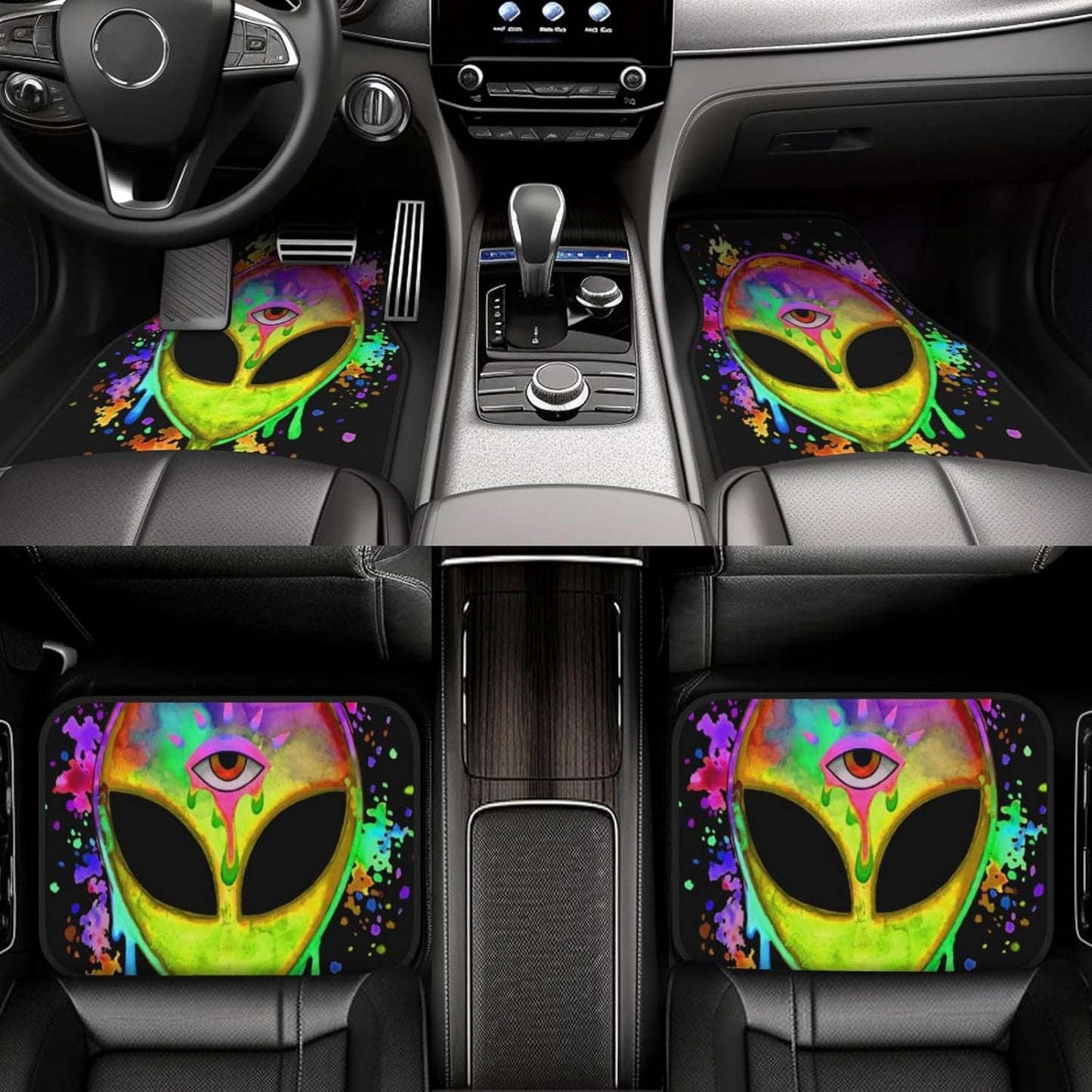 Alien Car Mats Rainbow Splatter Space Third Eye Alien Car Floor Mats Colorful