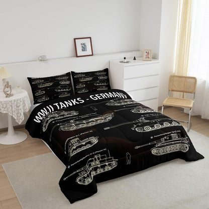 Veteran Bedding Set Army Germany Tanks Sketch Pattern Duvet Covers Black Unique Gift