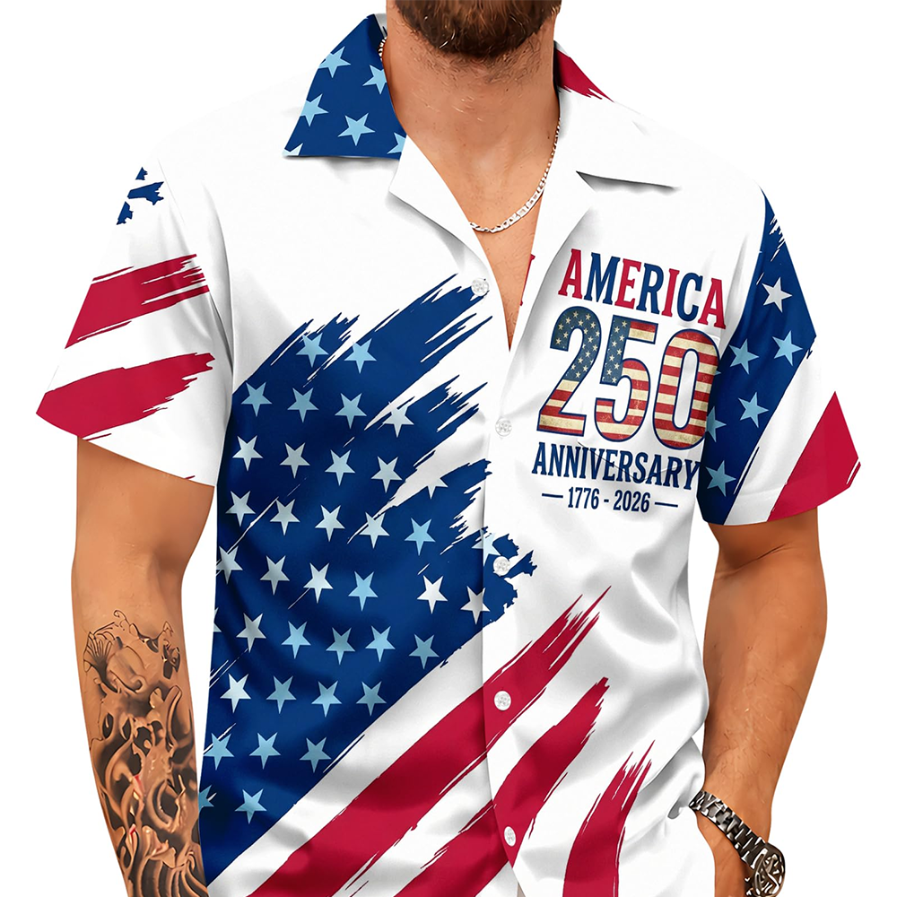 Men’s U.S. 250th Anniversary Hawaiian Shirt, Patriotic American Flag Button Down, 1776 2026 Independence Day Outfit