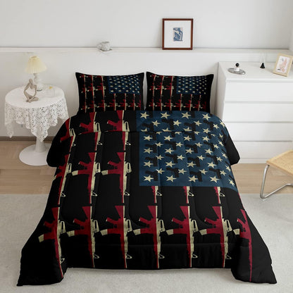 Veteran Bedding Set American Flag Military Weapon Pattern Duvet Covers Black Unique Gift