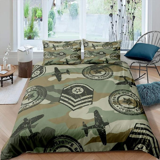 Veteran Bedding Set Army Symbol Camouflage Airplane Pattern Duvet Covers Green Unique Gift