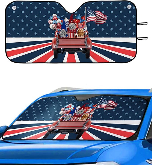 4th Of July Car Sun Shade Truck With Gnomes American Flag Winshield Sun Shade Red Blue