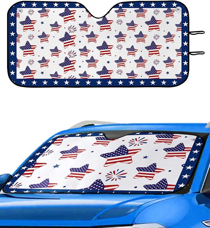 4th Of July Car Sun Shade Independence Day American USA Flag Stars Winshield Sun Shade Red Blue