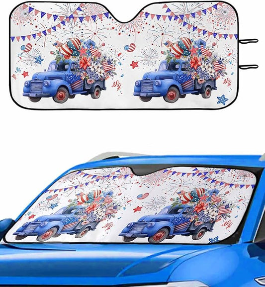 4th Of July Car Sun Shade Truck Full With Flowers Celebration Winshield Sun Shade Red Blue