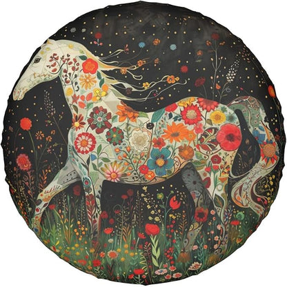 Horse Spare Tire Cover Scandinavian Horse Art Flower Pattern Tire Covers Colorful