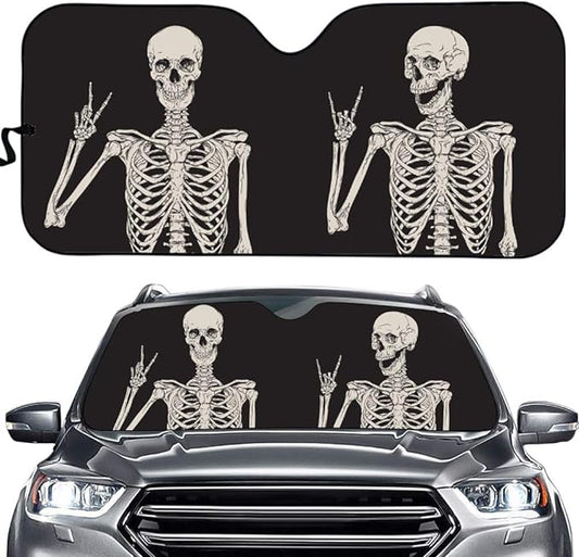 Skull Car Sun Shade Say Hello Skeleton Skull Winshield Sun Shade Black White