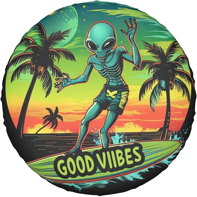 Alien Spare Tire Cover Alien Surfboarding Good Vibes Tire Covers Colorful