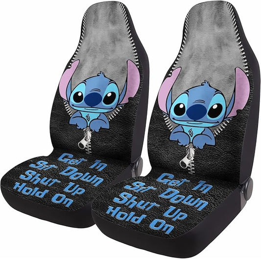 Stitch Car Seat Covers DN Stitch Get In Sit Down Shut Up Seat Covers Black Blue