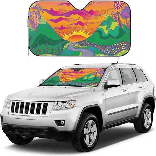 Hippie Car Sun Shade Hippie Psychedelic Sunrise Landscape Winshield Sun Shade Colorful