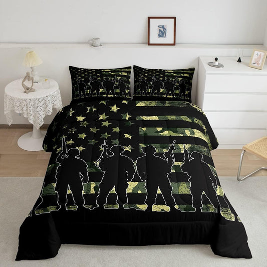 Veteran Bedding Set American Flag Soldiers Silhouette Camoflage Duvet Covers Black Green Unique Gift