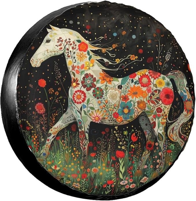 Horse Spare Tire Cover Scandinavian Horse Art Flower Pattern Tire Covers Colorful