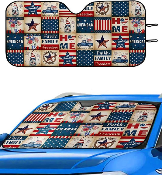 4th Of July Car Sun Shade American Faith Family Freedom Winshield Sun Shade Red Blue