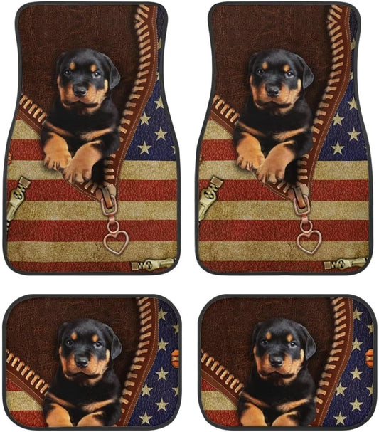 Dog Car Floor Mats Cute Rottweiler Dog American Flag Zipper Pattern Car Mats