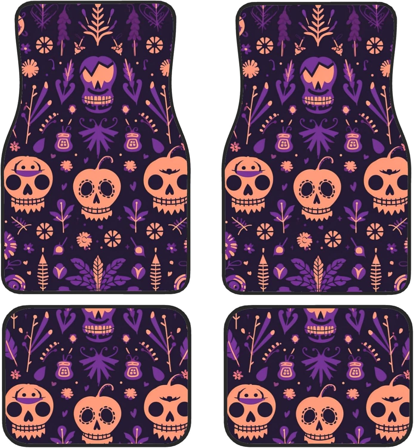 Halloween Car Mats Halloween Skull Flower Leafs Pattern Car Floor Mats Purple Orange