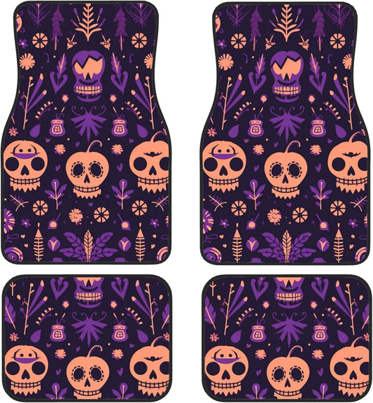 Halloween Car Mats Halloween Skull Flower Leafs Pattern Car Floor Mats Purple Orange