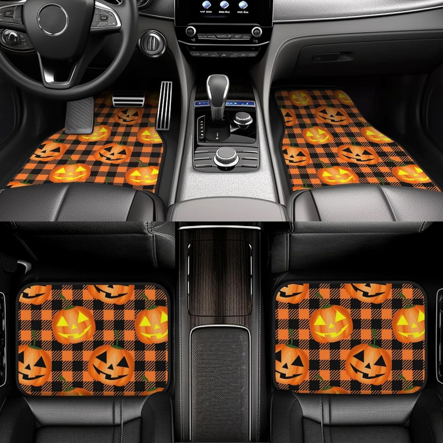 Halloween Car Mats Halloween Pumpkin Face Checkered Pattern Car Floor Mats Black Orange