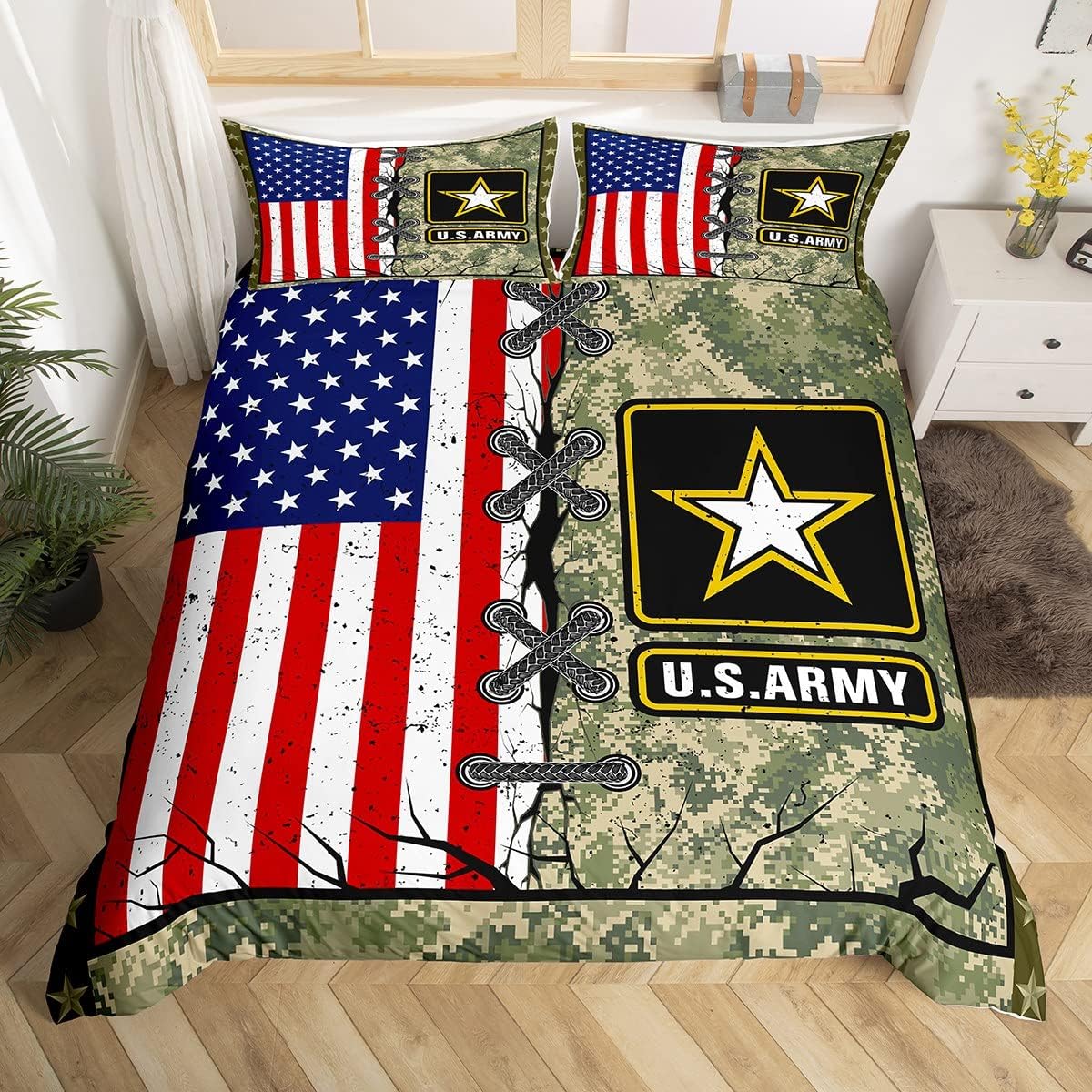 Veteran Bedding Set US Army American Flag Camoflage Pattern Duvet Covers Green Unique Gift