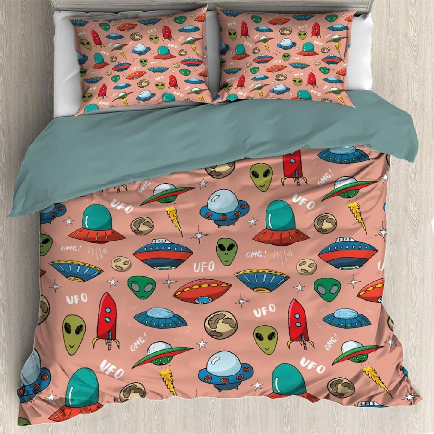 UFO Bedding Set UFO And Alien Pattern Duvet Covers Pink Unique Gift