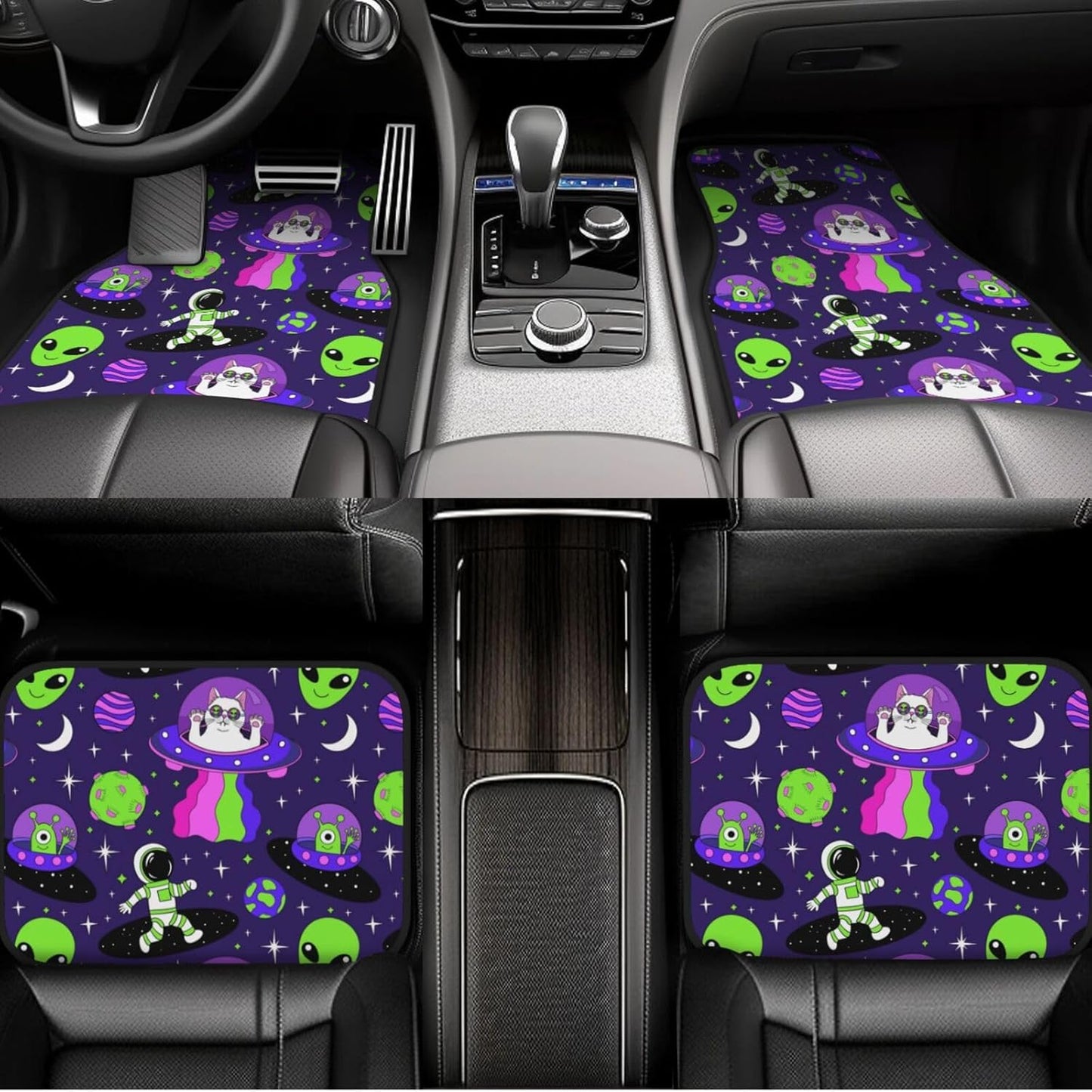 Alien Car Mats Astronaut Alien Cat In UFO Pattern Car Floor Mats Purple