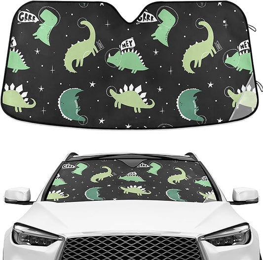 Dinosaur Car Sun Shade Cute Cartoon Astronaut Dinosaur Winshield Sun Shade Black Green