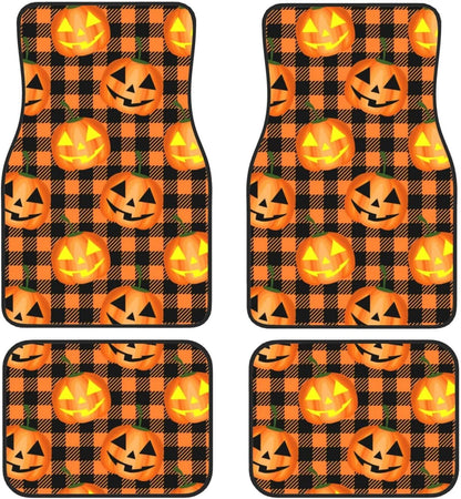 Halloween Car Mats Halloween Pumpkin Face Checkered Pattern Car Floor Mats Black Orange