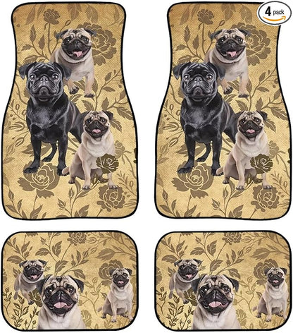 Dog Car Floor Mats Cute Pug Dogs Floral Pattern Vintage Style Car Mats