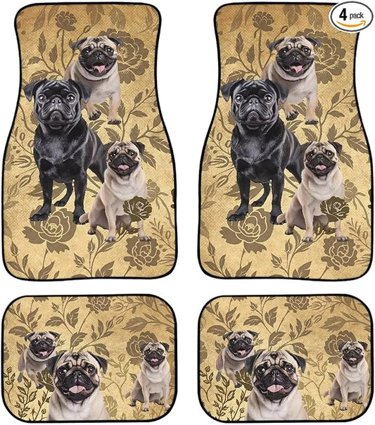 Dog Car Floor Mats Cute Pug Dogs Floral Pattern Vintage Style Car Mats
