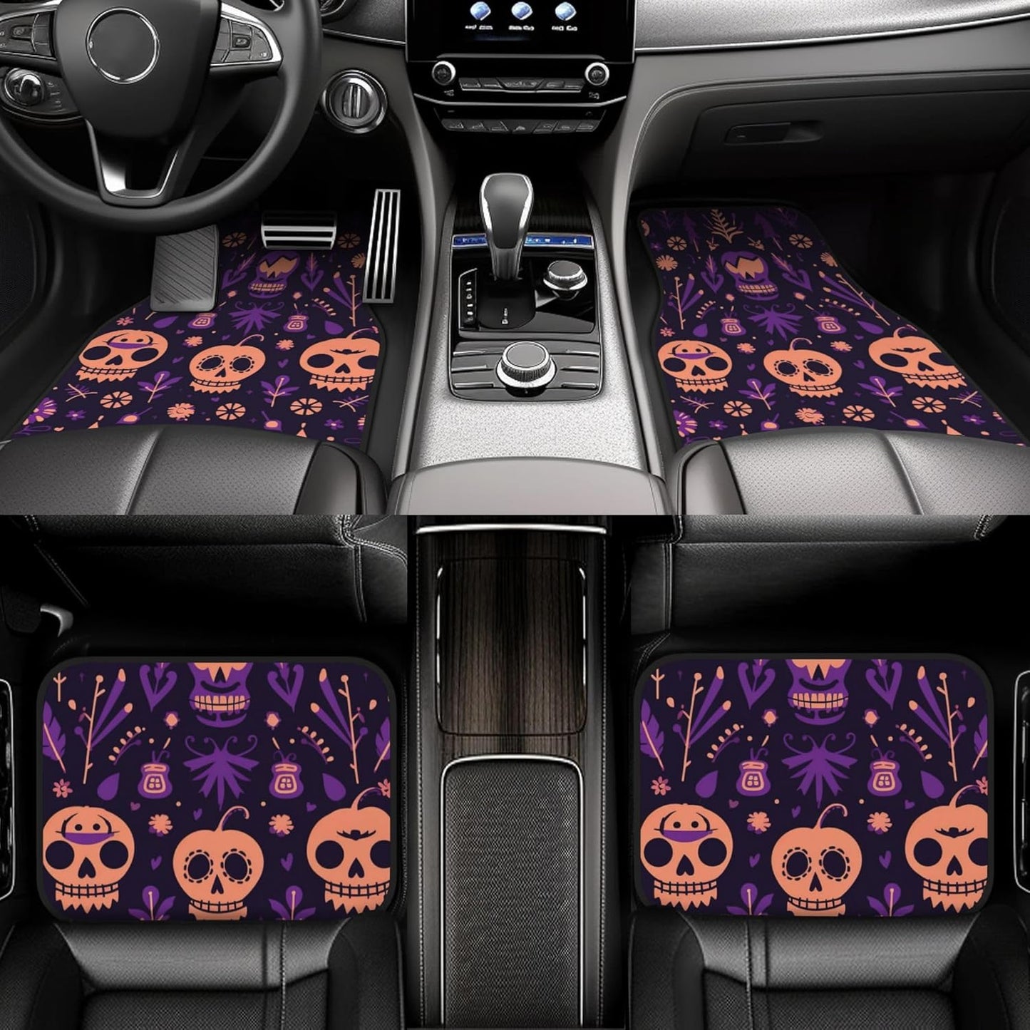 Halloween Car Mats Halloween Skull Flower Leafs Pattern Car Floor Mats Purple Orange