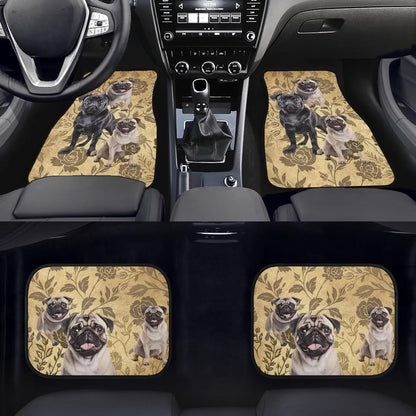 Dog Car Floor Mats Cute Pug Dogs Floral Pattern Vintage Style Car Mats