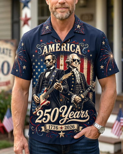 Alohadaddy® Retro Men's Short-Sleeve Cardigan Shirt 250th Anniversary of the USA Commemorative Print Art Button-Front with Pockets