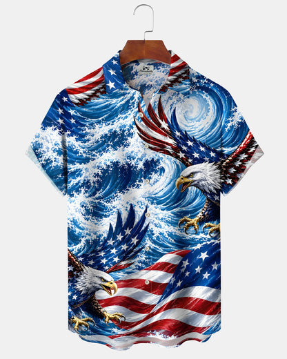 Alohadaddy® Men's Short-Sleeve Button-Down Shirt – Vintage Flag Print with Pocket