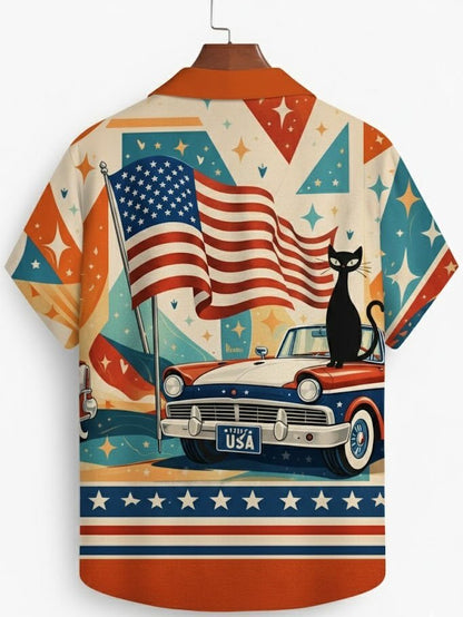 Alohadaddy® Hawaii Retro Geometric Atomic Cat Flag Print Men's Button-Down Short-Sleeve Shirt Big & Tall