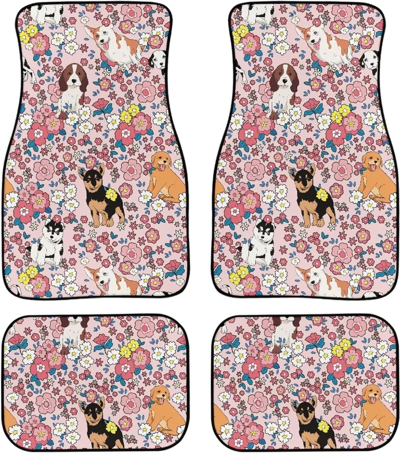 Dog Car Floor Mats Cute Different Dog Types Flower Field Pattern Car Mats