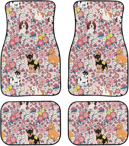 Dog Car Floor Mats Cute Different Dog Types Flower Field Pattern Car Mats