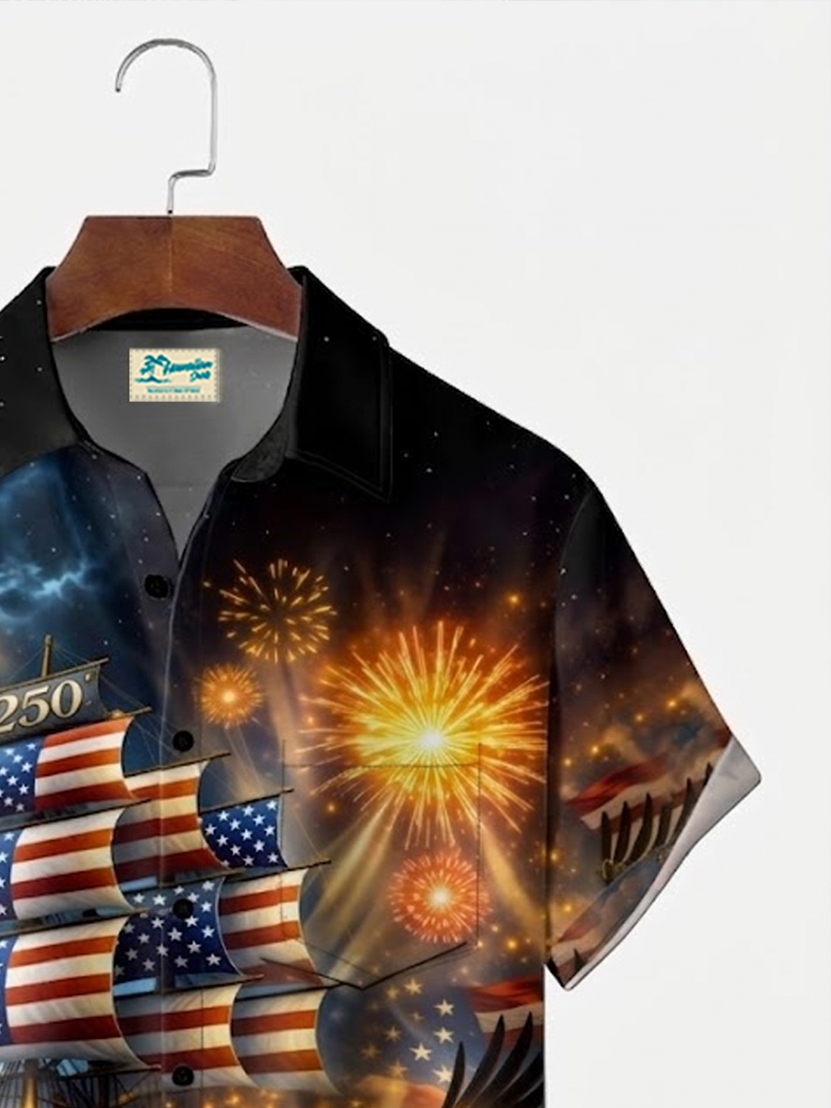 Alohadaddy® Men's Holiday Patriotic 250th Anniversary  USA Flag Eagle Patriotic Sailing Ship Fireworks Print Retro Short-Sleeve Shirt Big & Tall