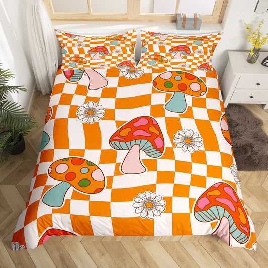 Mushroom Bedding Set Retro 60s Groovy Flower Mushroom Duvet Covers White Orange Unique Gift