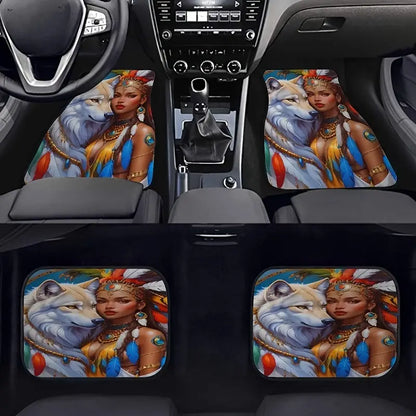 Native American Car Mats Tribal Woman And Wolf Graphic Car Floor Mats Colorful