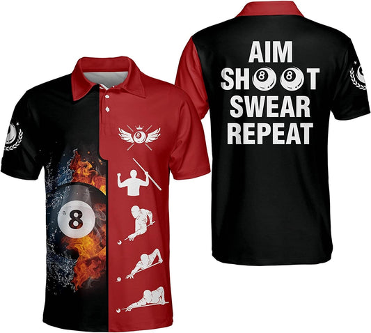 Billard Polo Shirt Aim Shoot Swear Repeat Boys Polo Shirts Black Red