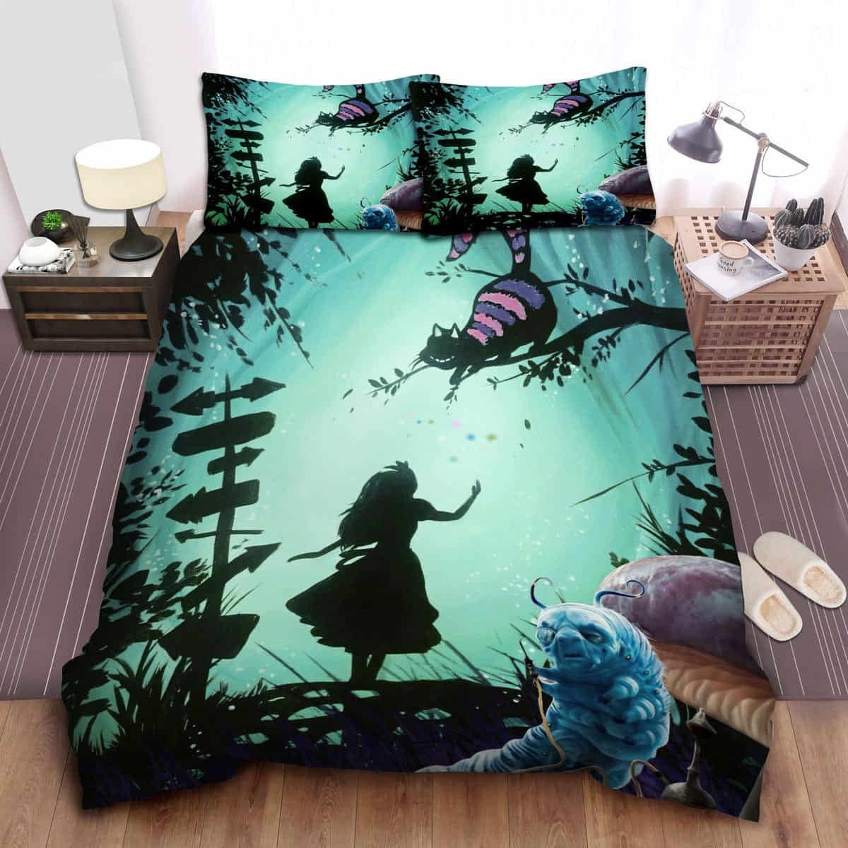 Alice In Wonderland Bedding Set Alice Silhouette Cheshire Cat And Blue Caterpillar Duvet Covers Green Unique Gift