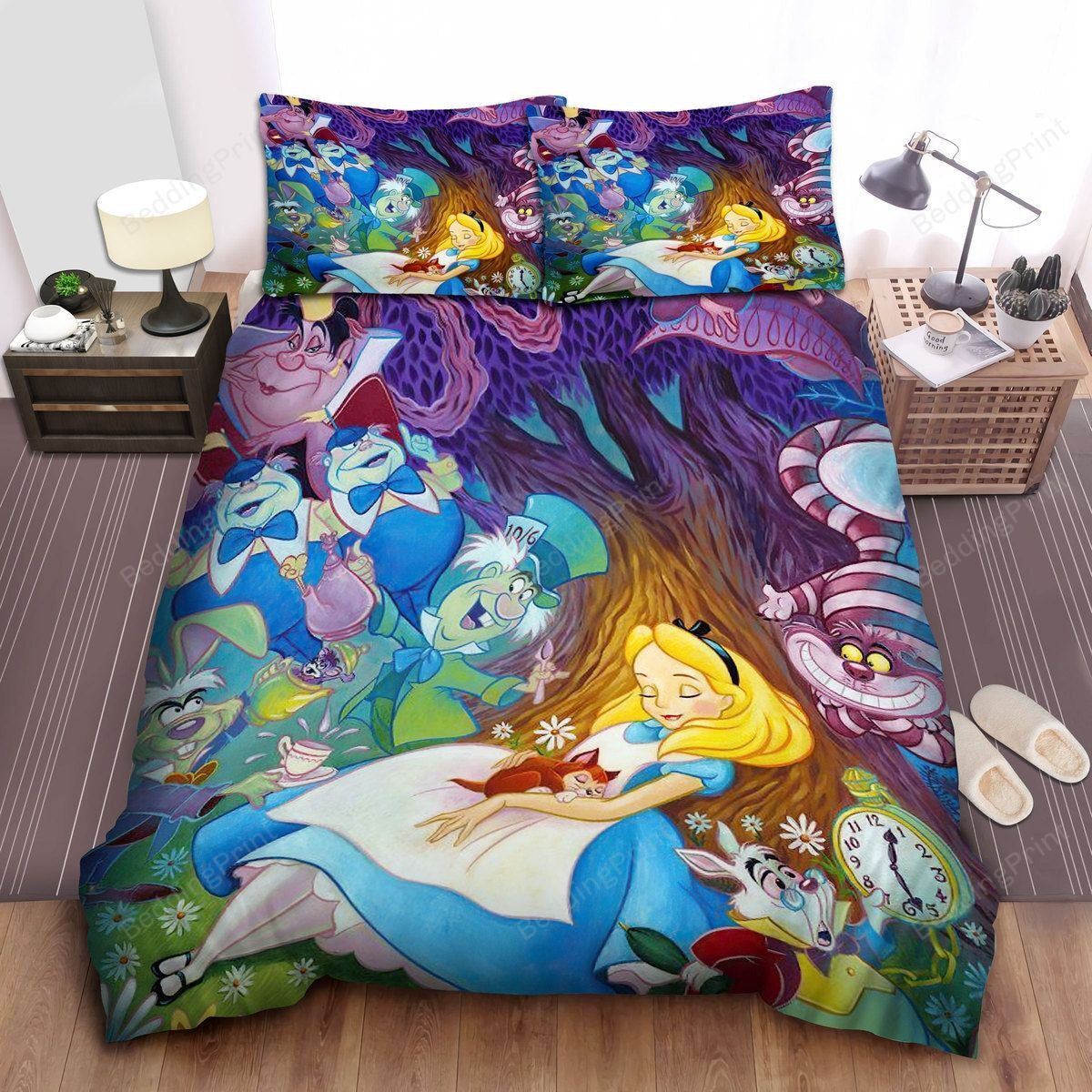 Alice In Wonderland Bedding Set Cheshire Cat In Stained Glass Duvet Covers Blue Unique Gift