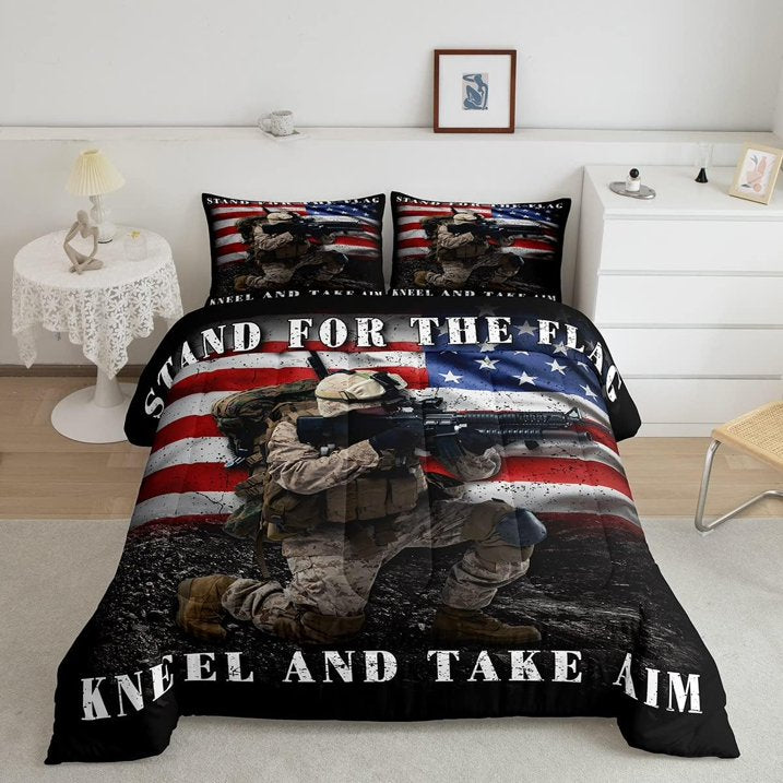 Veteran Bedding Set Stand For The Flag Kneel And Take Aim Duvet Covers Black Unique Gift