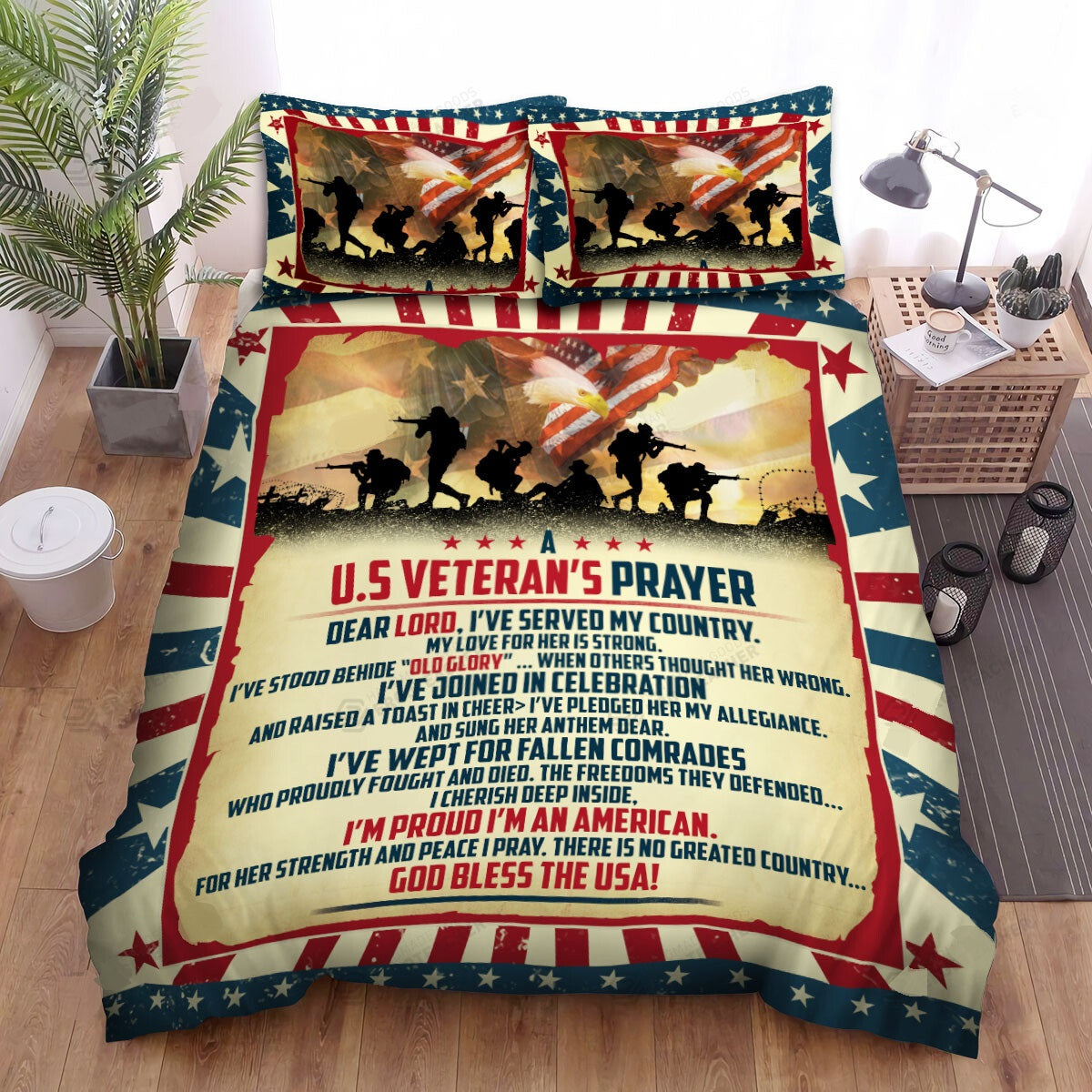 Veteran Bedding Set A US Veteran's Prayer God Bless The USA Duvet Covers Brown Unique Gift